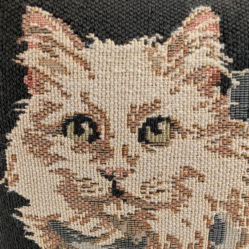 Vintage‎ Woven Tapestry Cat and Kittens Throw Pillow Black Beige Square Accent